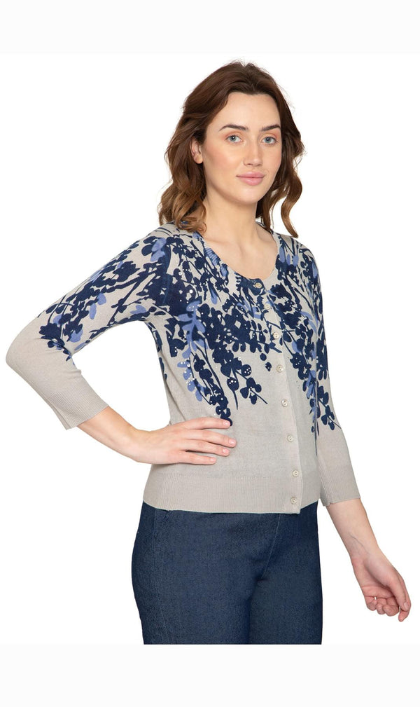 Women's 3/4 Sleeve Knit Printed And Embellished Cardigan Sweater - -Blue Multi - Side - TURTLE BAY APPAREL