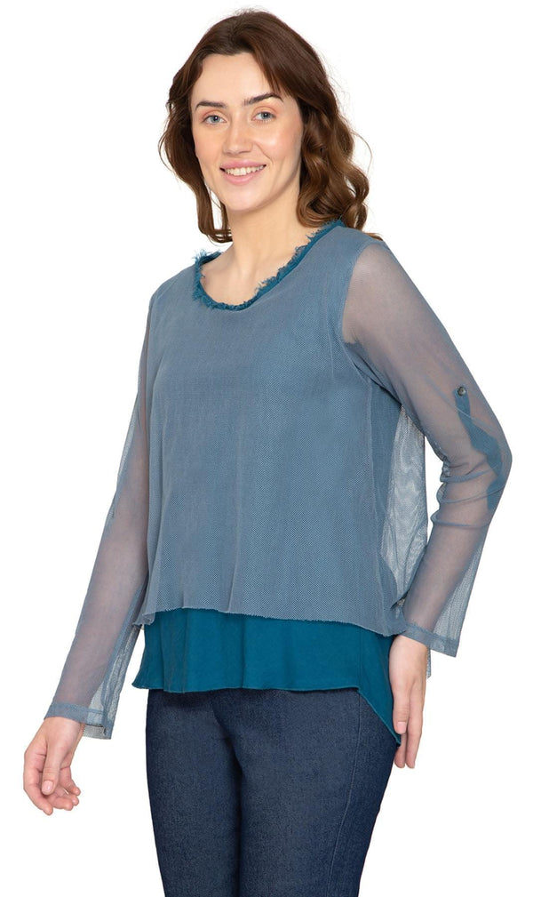 High Low Mesh Layered Knit Top Left Side TURTLE BAY APPAREL