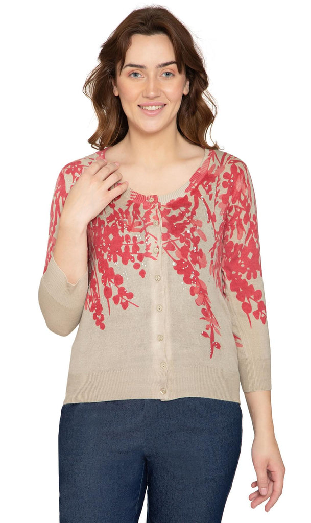Women's 3/4 Sleeve Knit Printed And Embellished Cardigan Sweater - Coral - Front - TURTLE BAY APPAREL
