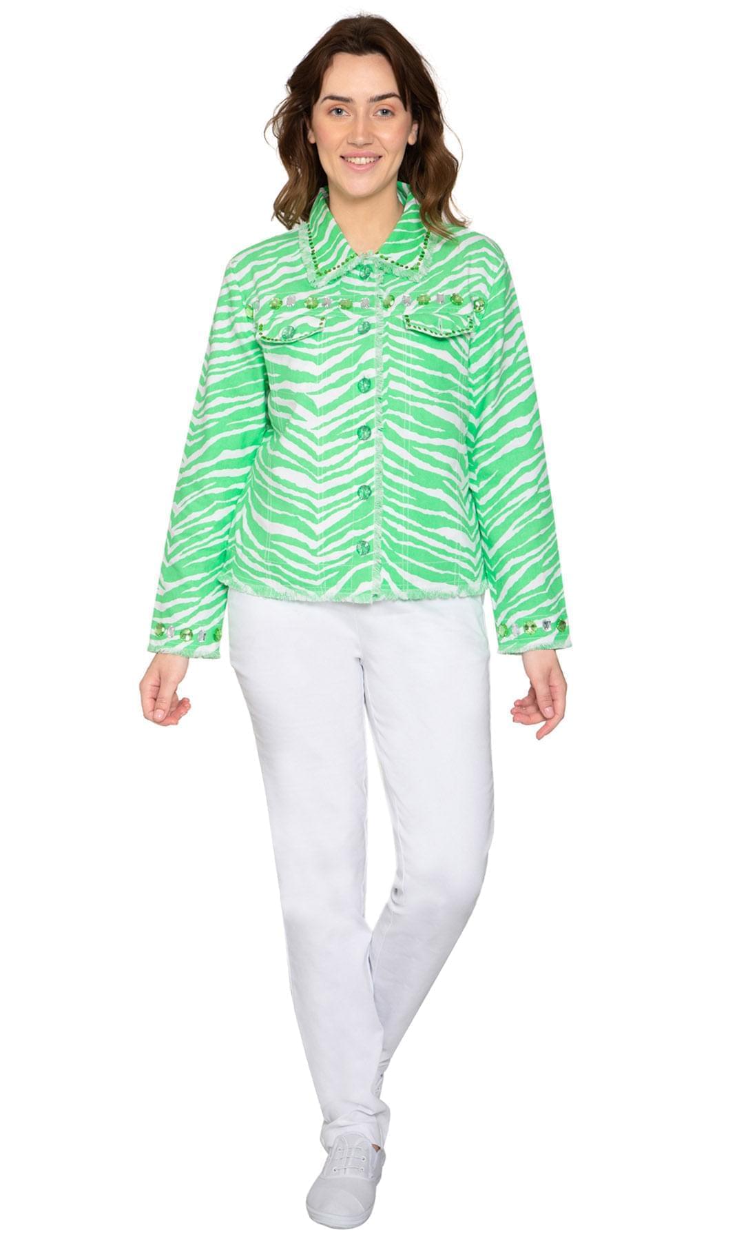 Women's Jewel Trimmed Zebra Printed Canvas Jacket - Full - TURTLE BAY APPAREL