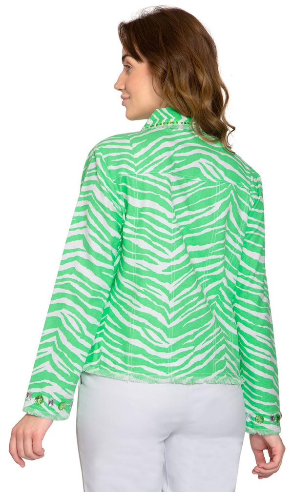 Women's Jewel Trimmed Zebra Printed Canvas Jacket - Back - TURTLE BAY APPAREL