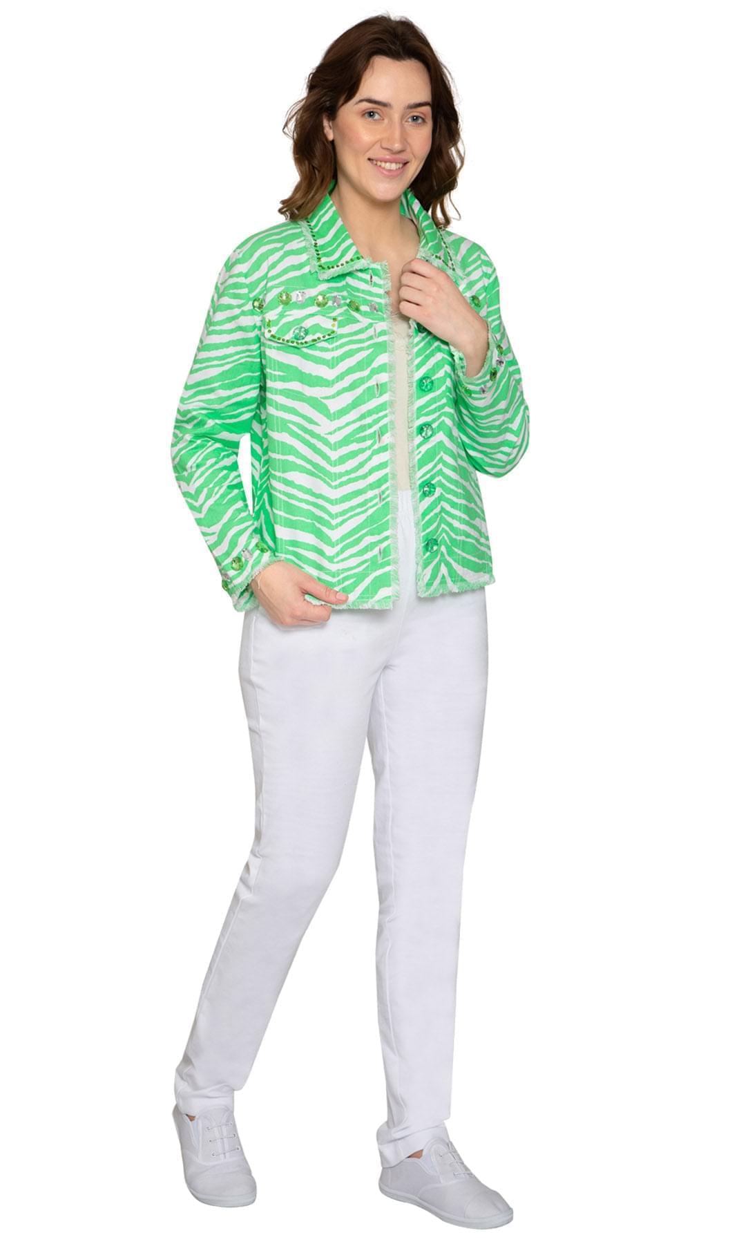 Women's Jewel Trimmed Zebra Printed Canvas Jacket - Full - TURTLE BAY APPAREL