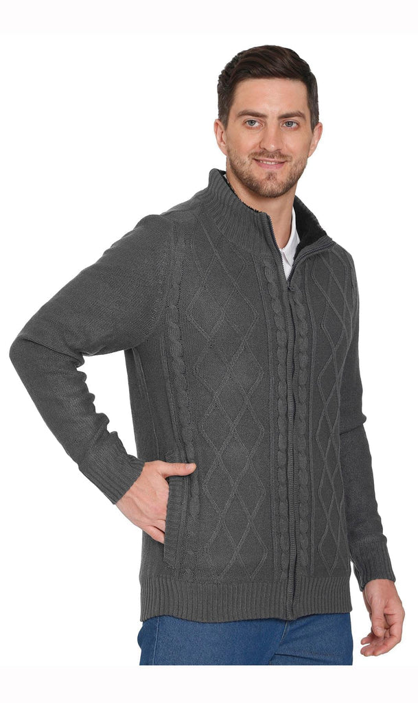Mens Sherpa Lined Zip Front Sweater Jacket - Charcoal  -  Side - TURTLE BAY APPAREL