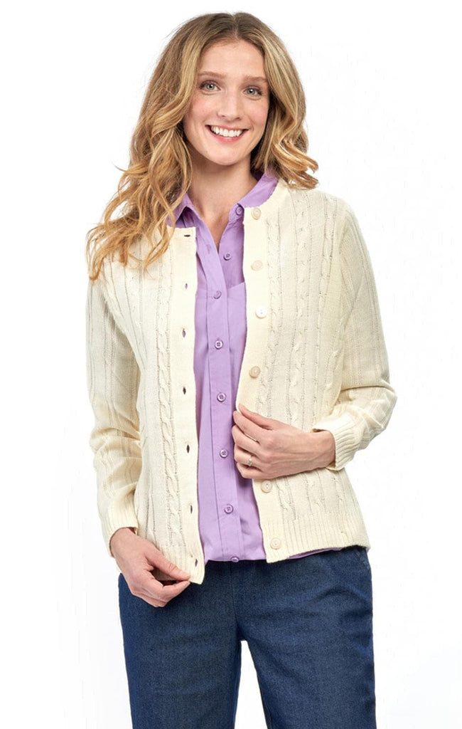 Women's Button Front Cable Cardigan - Button Up Sweater in Soft, Lightweight Acrylic - Ivory - Front -TURTLE BAY APPAREL