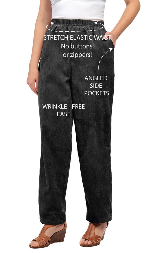 Women's Pull On Corduroy Pants – Keep It Cozy in Fine Wale Corduroy Black - info - TURTLE BAY APPAREL