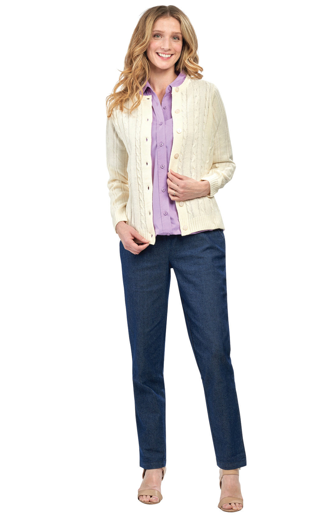 Women's Classic Button Front Cable Knit Cardigan in Soft Acryllic 12
