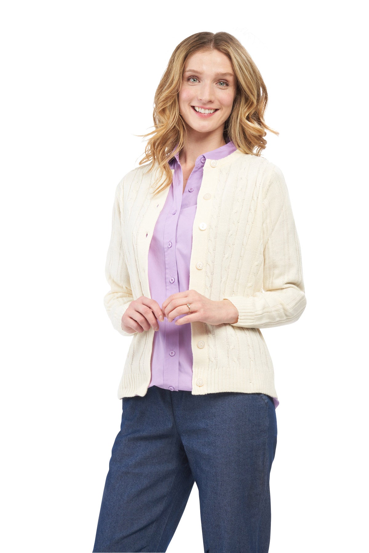 Women's Classic Button Front Cable Knit Cardigan in Soft Acryllic 11