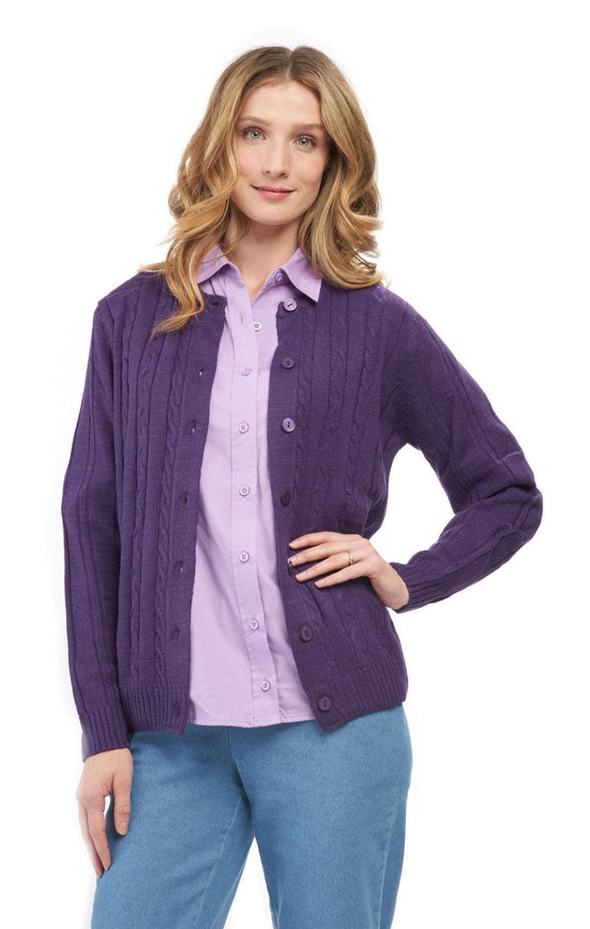 Women's Button Front Cable Cardigan - Button Up Sweater in Soft, Lightweight Acrylic - Eggplant - Front - TURTLE BAY APPAREL