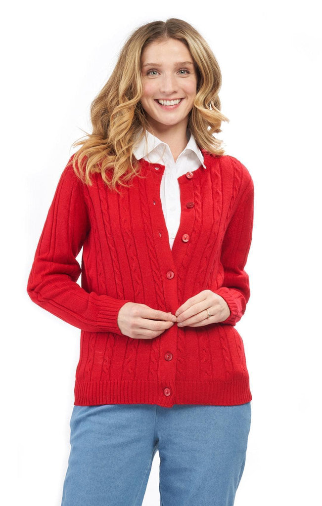 Women's Button Front Cable Cardigan - Button Up Sweater in Soft, Lightweight Acrylic - Red - Front - TURTLE BAY APPAREL