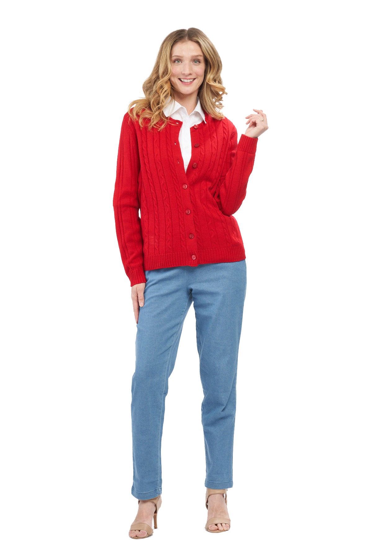 Women's Classic Button Front Cable Knit Cardigan in Soft Acryllic 18