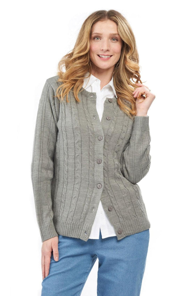 Women's Button Front Cable Cardigan - Button Up Sweater in Soft, Lightweight Acrylic - Grey heather - Front -  TURTLE BAY APPAREL