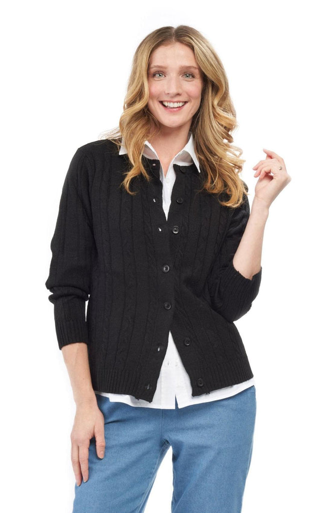 Women's Button Front Cable Cardigan - Button Up Sweater in Soft, Lightweight Acrylic - Black - Front -  TURTLE BAY APPAREL