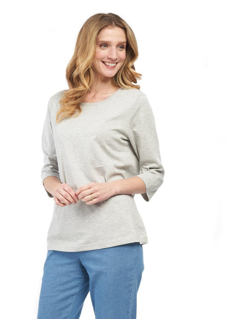 Women's 3/4 Sleeve Crew Neck Top - Comfortable Jersey Knit to Dress Up or Down - Grey Heather - Front -  TURTLE BAY APPAREL