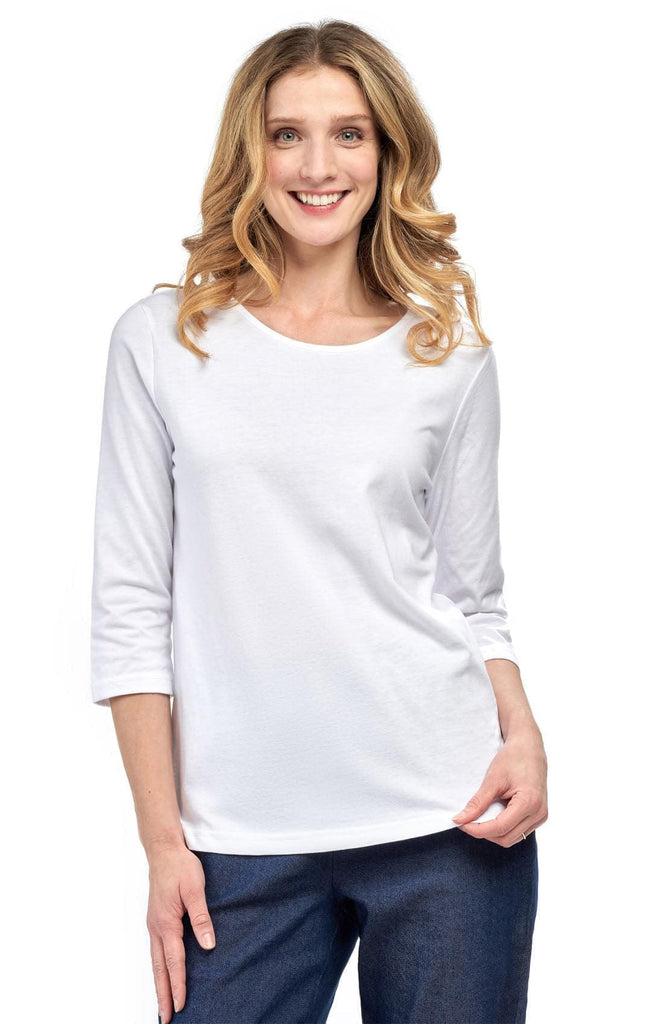 Women's 3/4 Sleeve Crew Neck Top - Comfortable Jersey Knit to Dress Up or Down -White - Front -TURTLE BAY APPAREL
