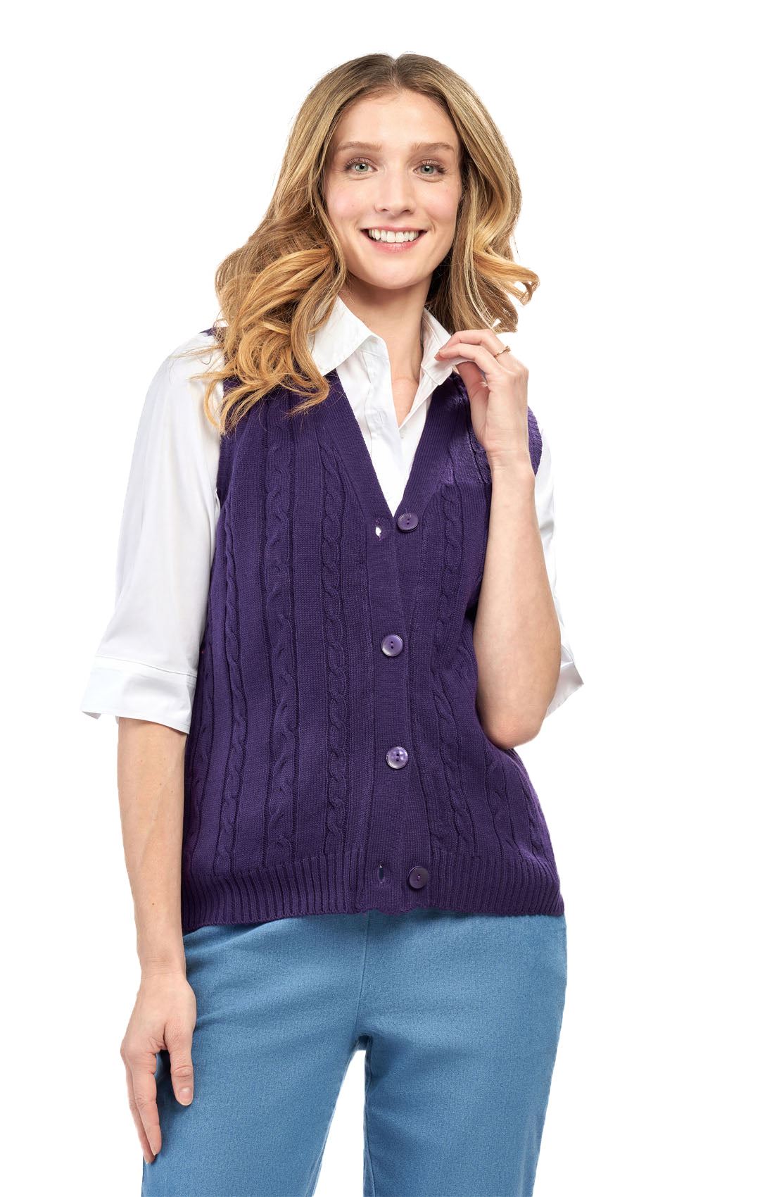 Womens Button Front Cable Knit Cardigan Sweater Vest 21