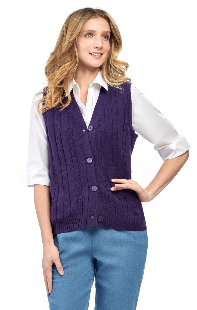 Women's Button Front Cable Cardigan Sweater Vest - Button Up Styling in a Timeless Cable Knit - Eggplant - Front - TURTLE BAY APPAREL