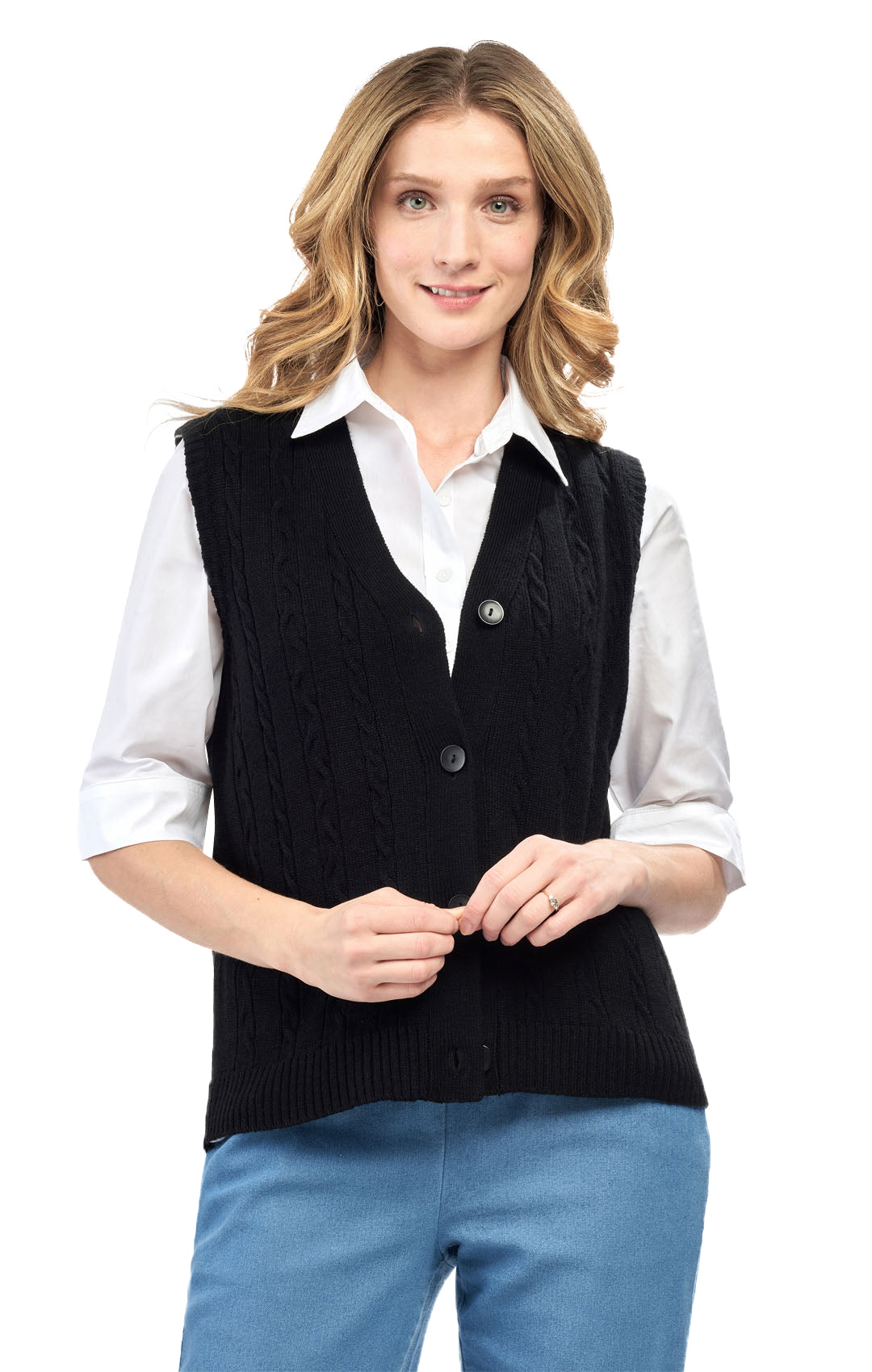 Womens Button Front Cable Knit Cardigan Sweater Vest