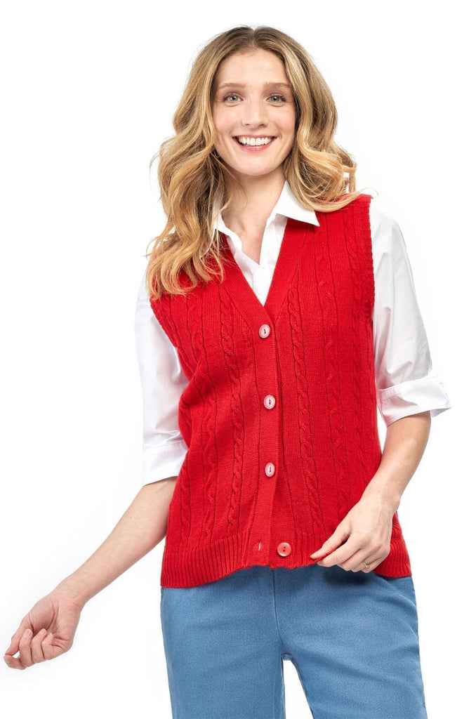 Women's Button Front Cable Cardigan Sweater Vest - Button Up Styling in a Timeless Cable Knit - Hot Red- Front - TURTLE BAY APPAREL