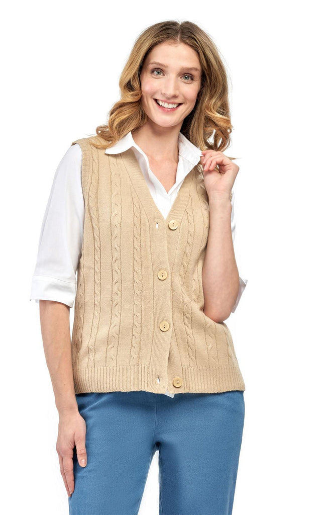 Women's Button Front Cable Cardigan Sweater Vest - Button Up Styling in a Timeless Cable Knit - LT Tan- Front - TURTLE BAY APPAREL