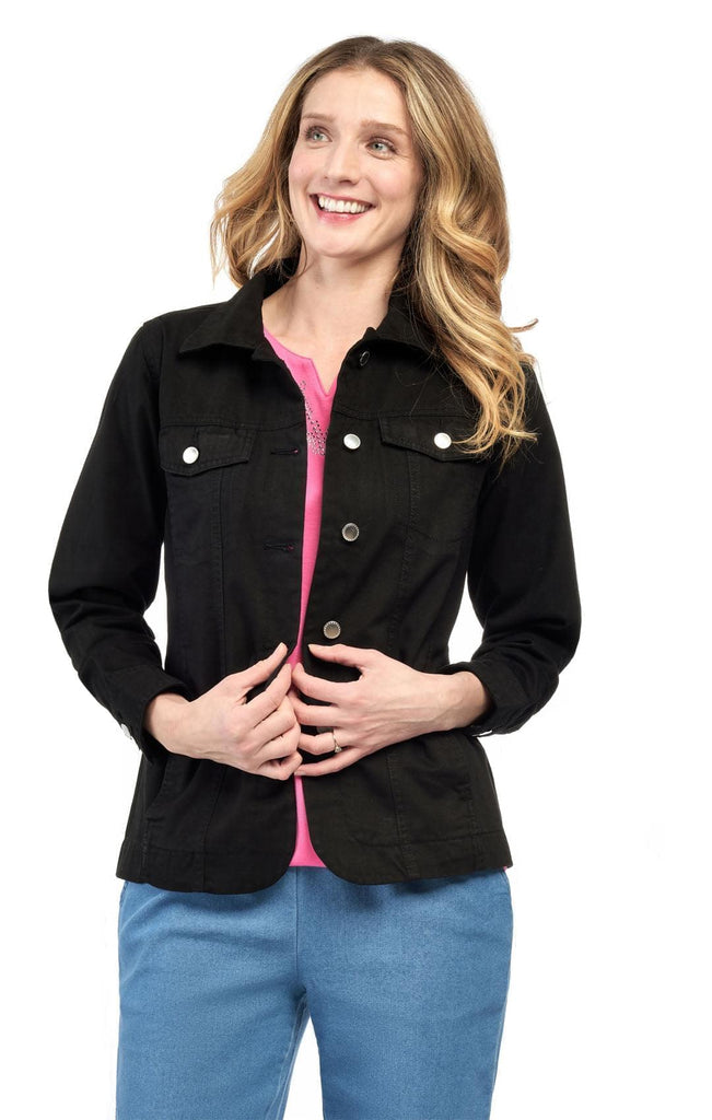 Women's Button Front Brushed Twill Jacket - Black - Front - TURTLE BAY APPAREL