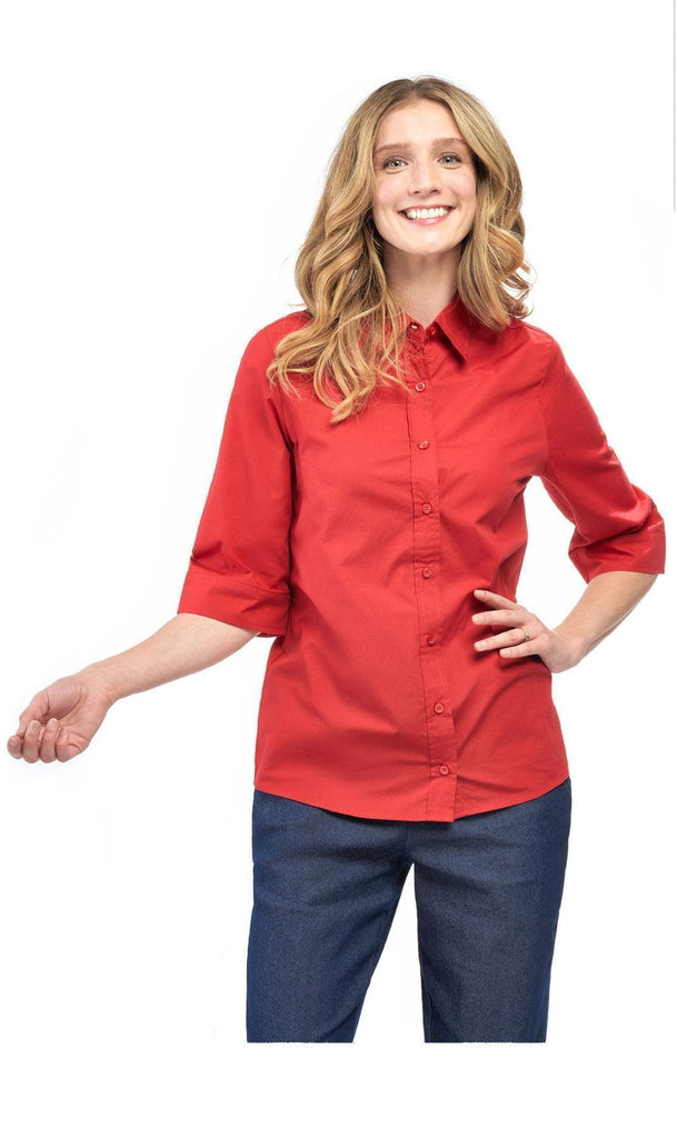 Women's Essential Button Front ¾ Sleeve Camp Shirt - Red - Front - TURTLE BAY APPAREL