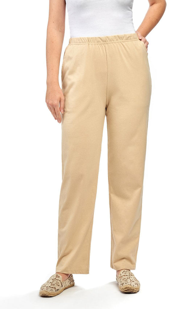 Women's Knit Pull On Pant– Your Go-To Casuals for Busy Days and Cozy Nights Alike - Tan - Front - TURTLE BAY APPAREL