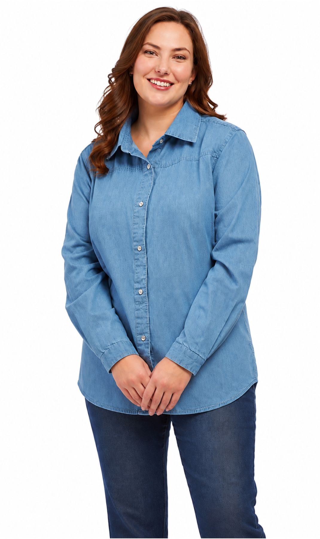 Women's Long Sleeve Denim Tunic Top — Button Front All Season Wear 8