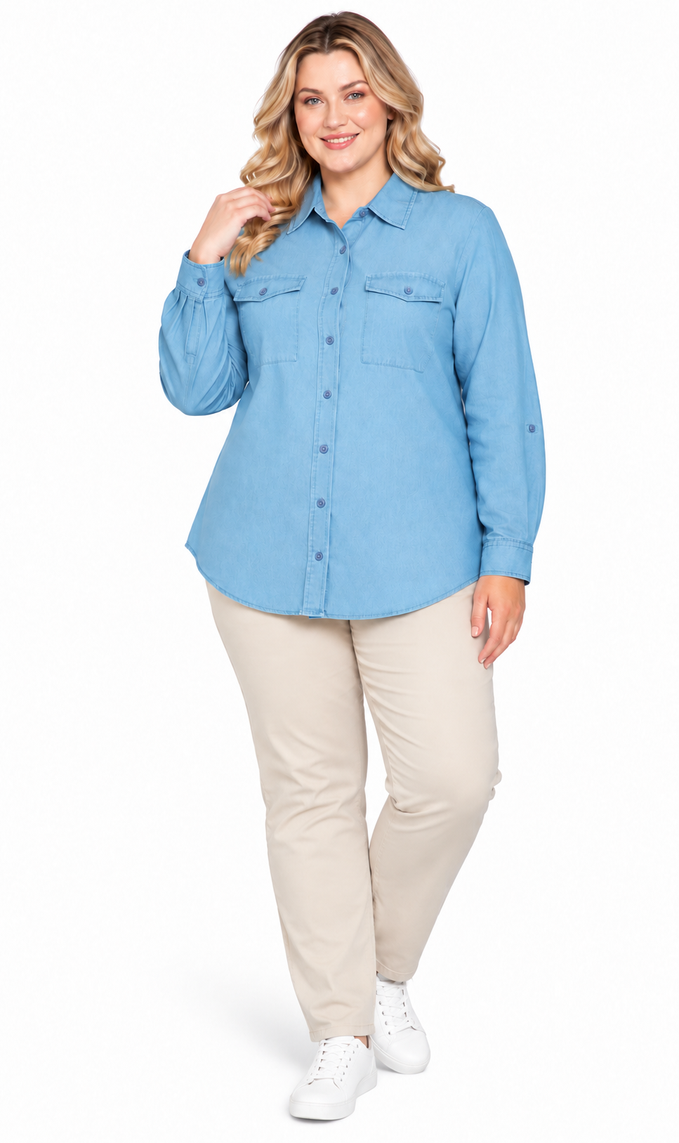 Women's Long Sleeve Button Down Denim Shirt with Front Pocket 11