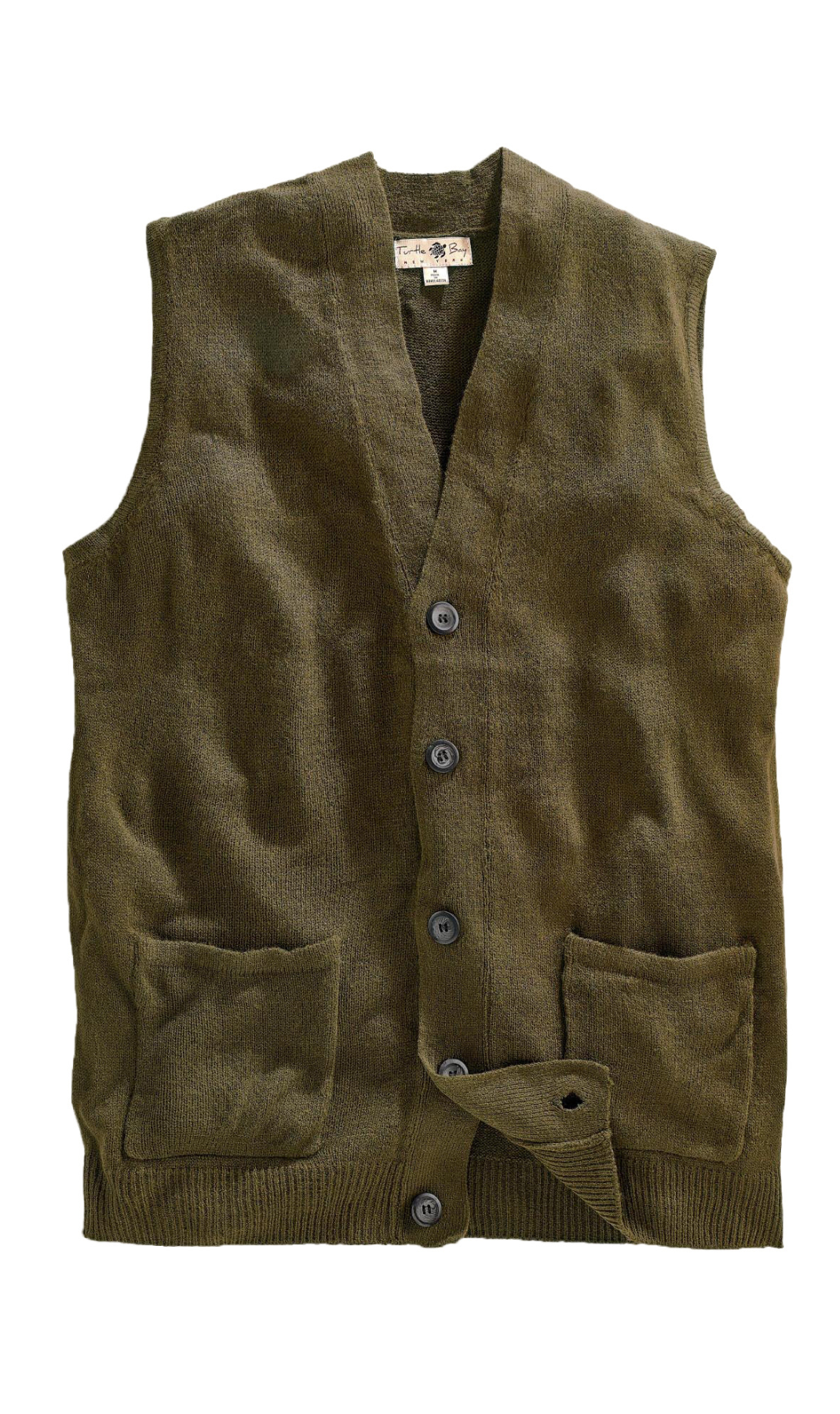 Men's Knitted Button Front Sweater Vest - Button Up Knit Vest in Cashmere-Like Acrylic - Olive - Flat-TURTLE BAY APPAREL