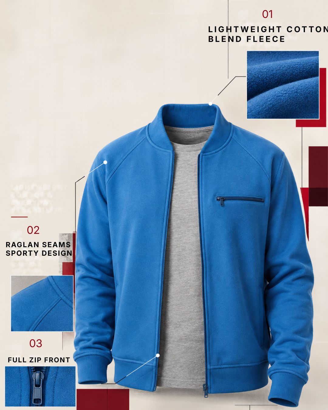 Men's Zip-Up Baseball Fleece Jacket — Lightweight Cotton Blend 4