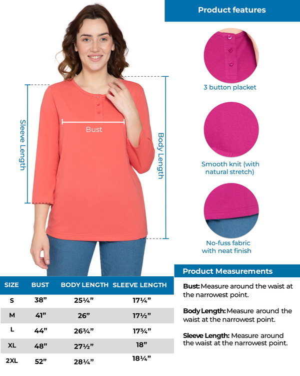 Women's Three Quarter Sleeve Henley – Comfort in Every Color!