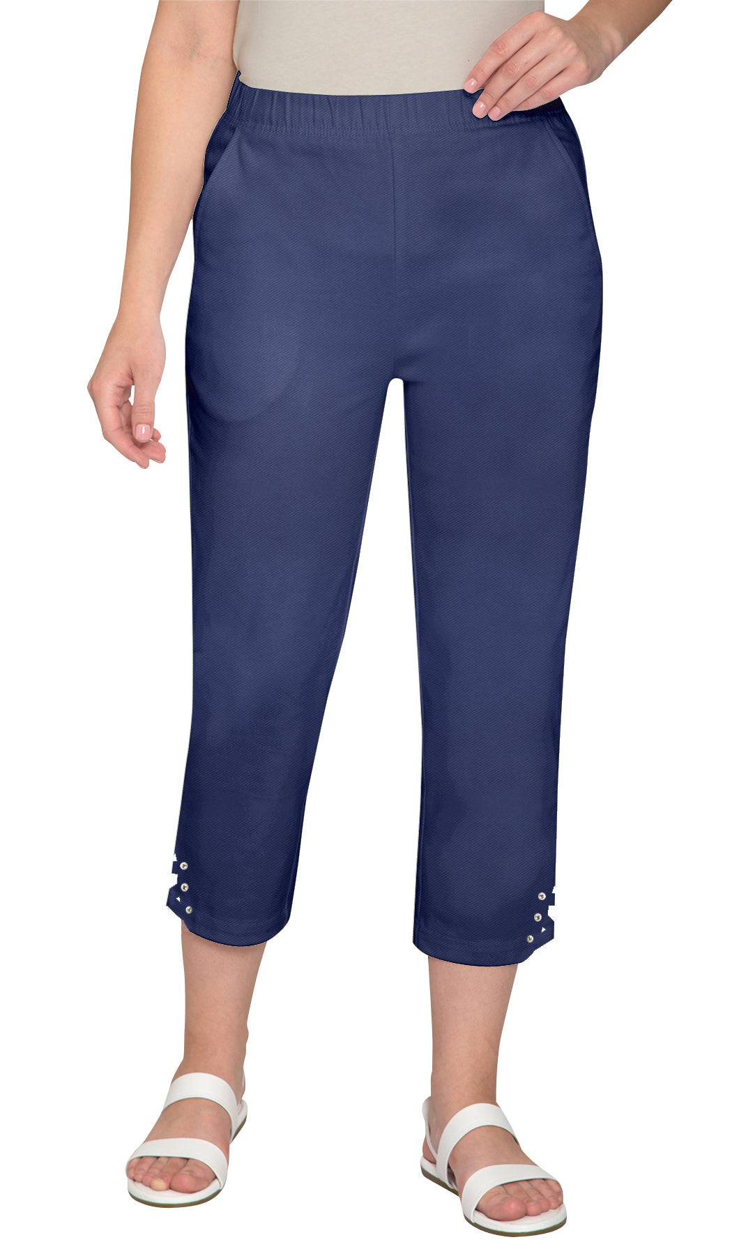 Women's Capris with Studded Hem Detail in Tri-Blend Denim and Twill with Angled side Pockets Navy