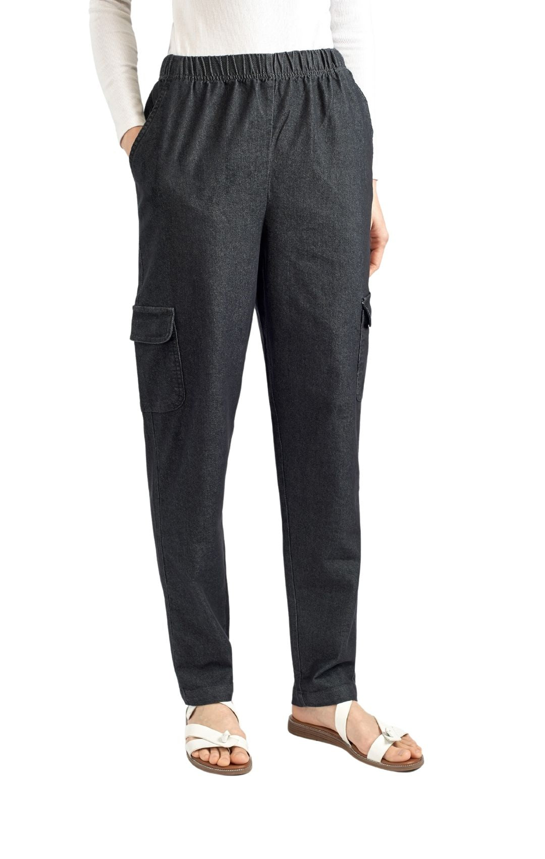 Women's Elastic Stretch Waist Casual Denim Pull-on Cargo Pants Black Front