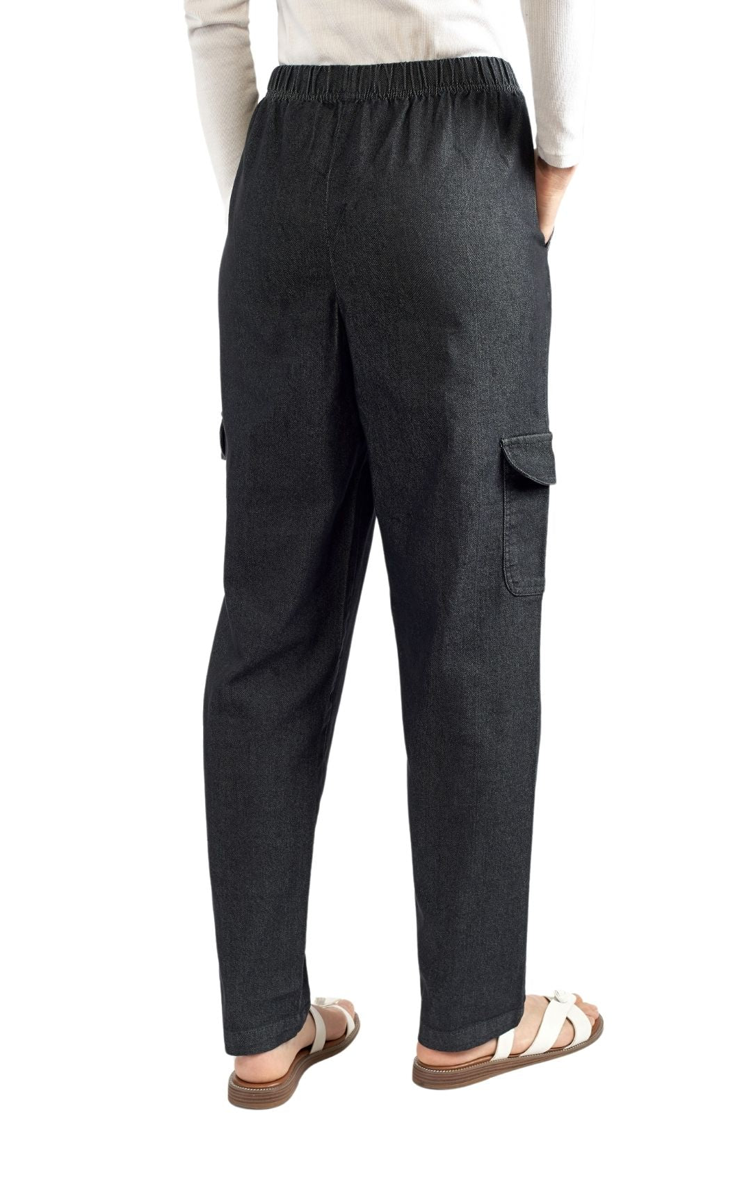 Women's Elastic Stretch Waist Casual Denim Pull-on Cargo Pants Black Back