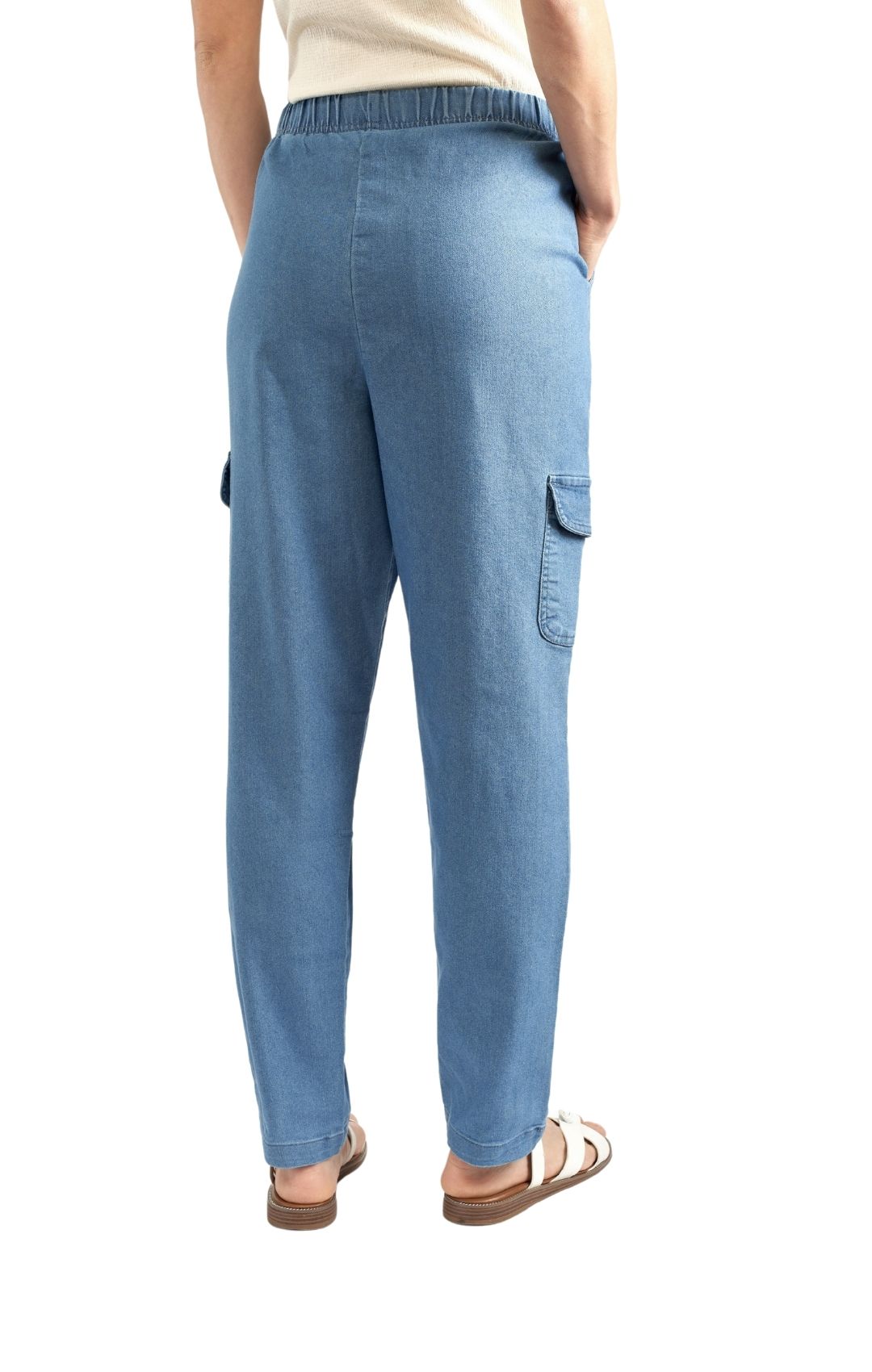 Women's Elastic Stretch Waist Casual Denim Pull-on Cargo Pants Chambray back