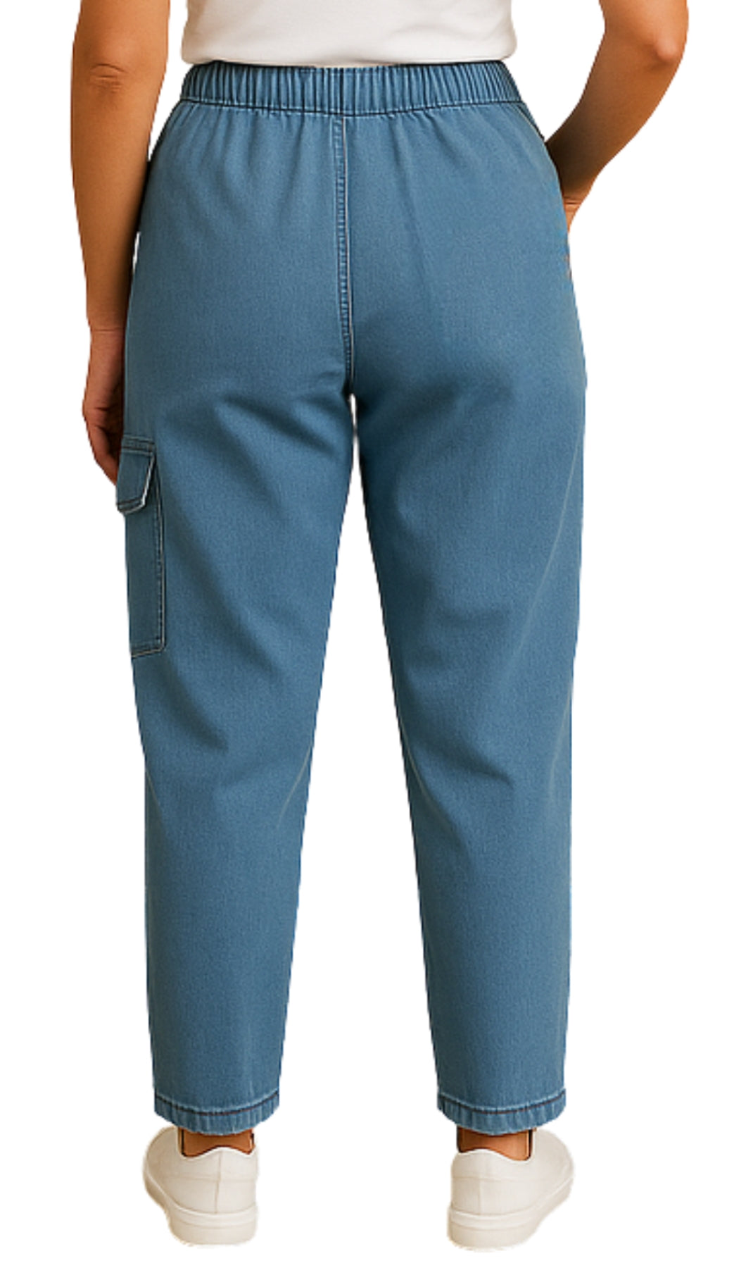 Blue cargo pants worn by a person on a white background