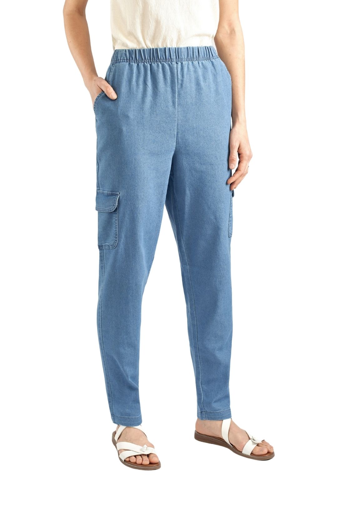 Women's Elastic Stretch Waist Casual Denim Pull-on Cargo Pants Chambray Front