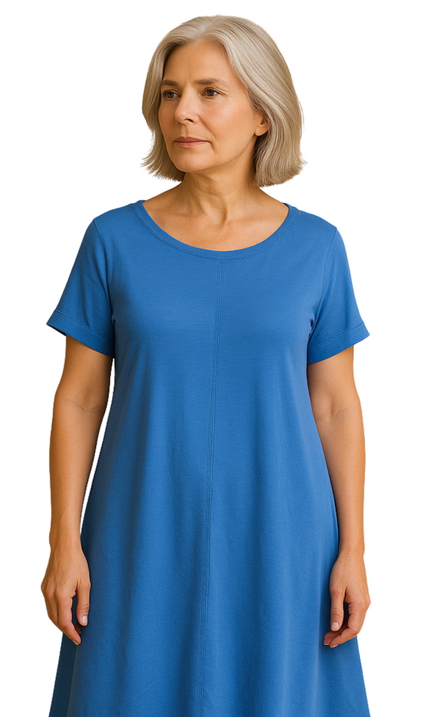 Women's Knit Wide Scoop Neck Short Sleeve Dressblue