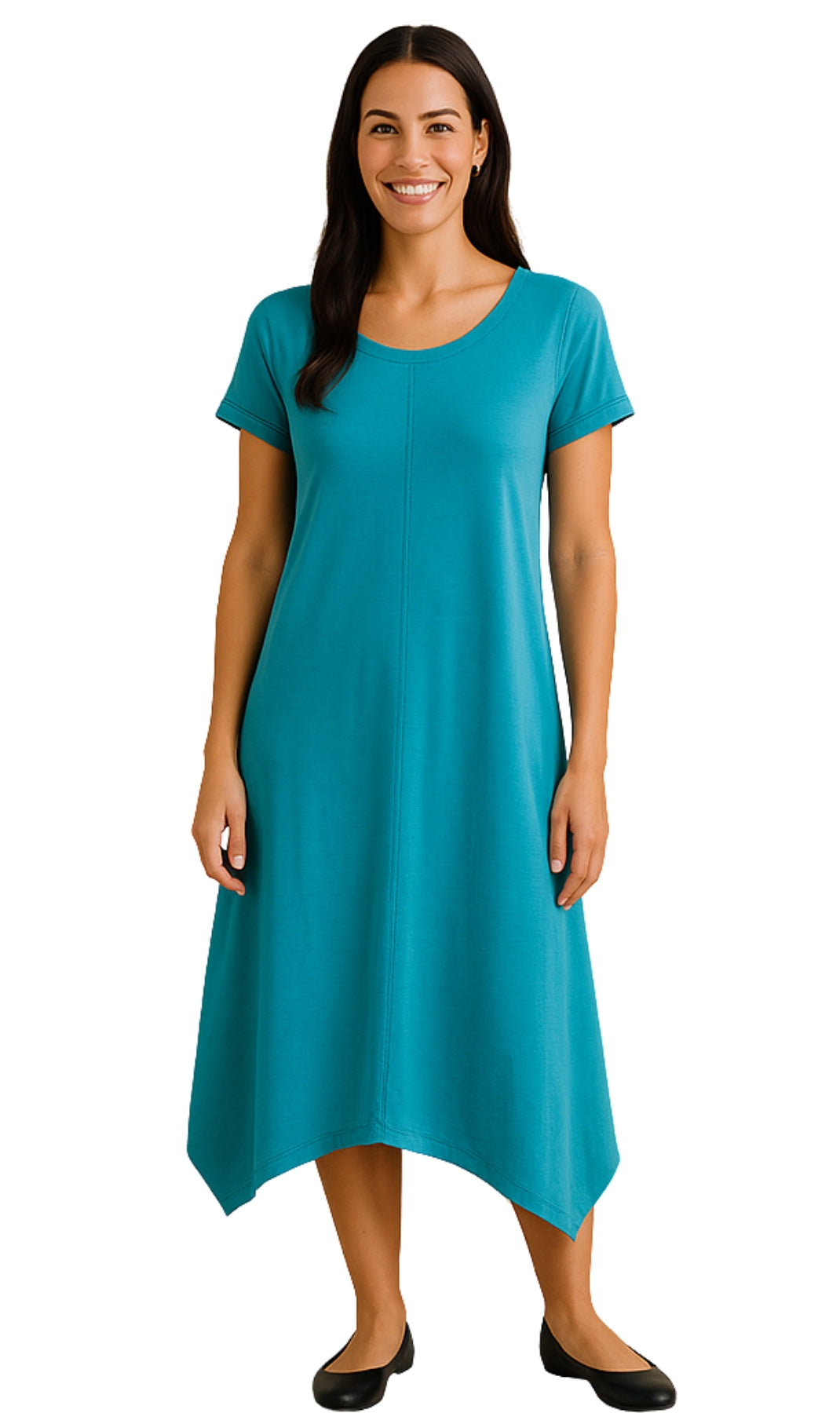 Turtle Bay New York Women's Vivid Blue Colored Knit Wide Scoop Neck Short Sleeve Dress in A-Line Aymmetrical Hem Turtle Bay New York Women's Vivid Blue Colored Knit Wide Scoop Neck Short Sleeve Dress in A-Line Aymmetrical Hem