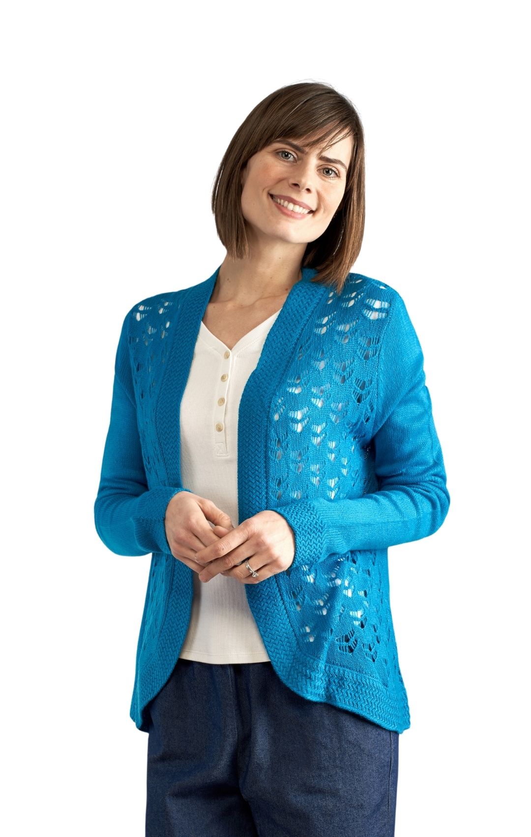 Women's Open Front Curved Hem Pointelle Shrug in Soft Acryllic Teal Side