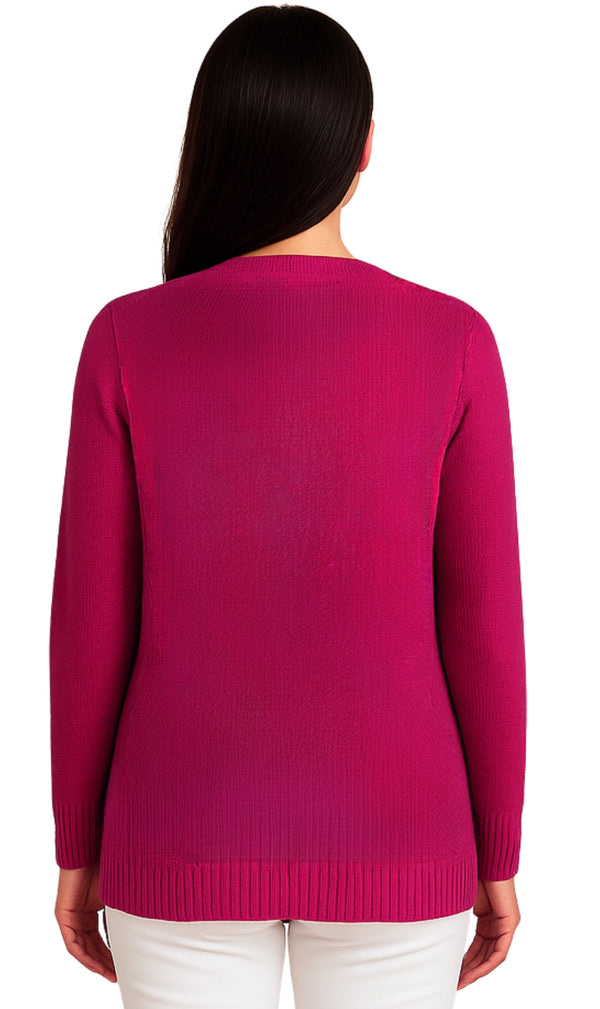 Person wearing a berry sweater on a white background
