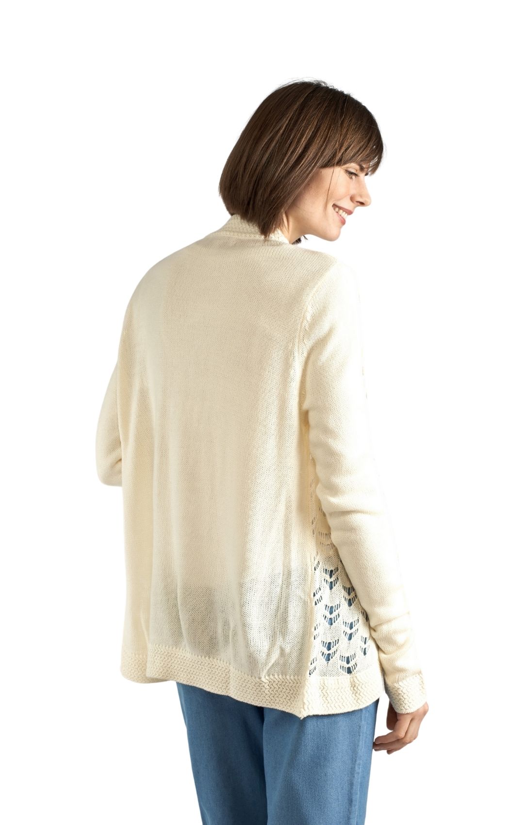 Women's Open Front Curved Hem Pointelle Shrug in Soft Acryllic Ivory back