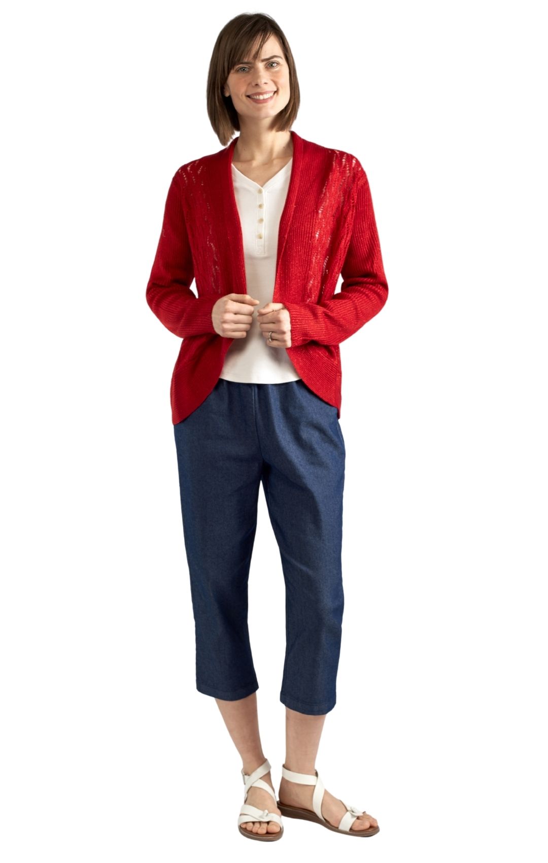 Women's Open Front Glitter Shrug in Soft Acryllic Red Full