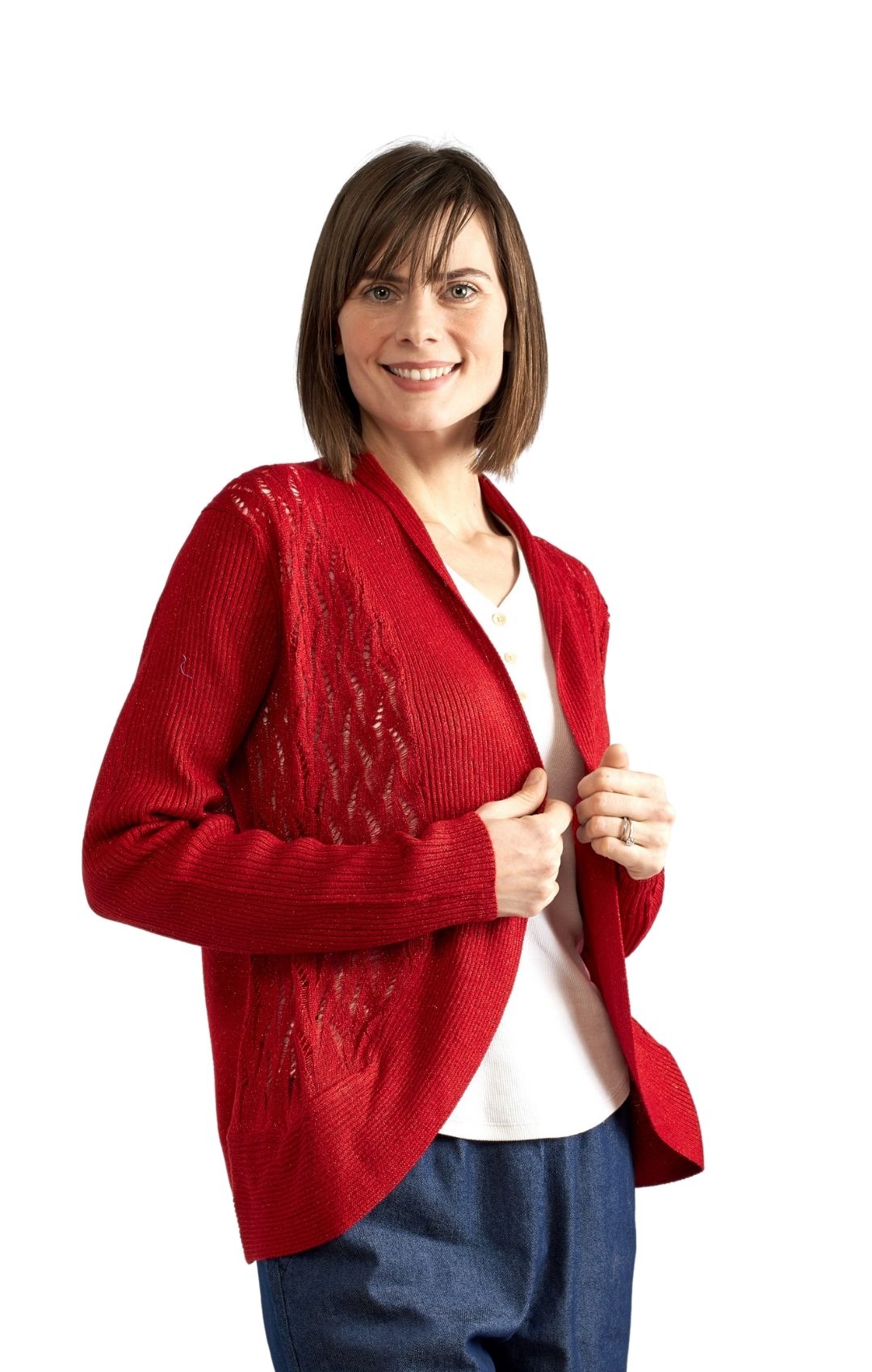 Women's Open Front Glitter Shrug in Soft Acryllic Red Front