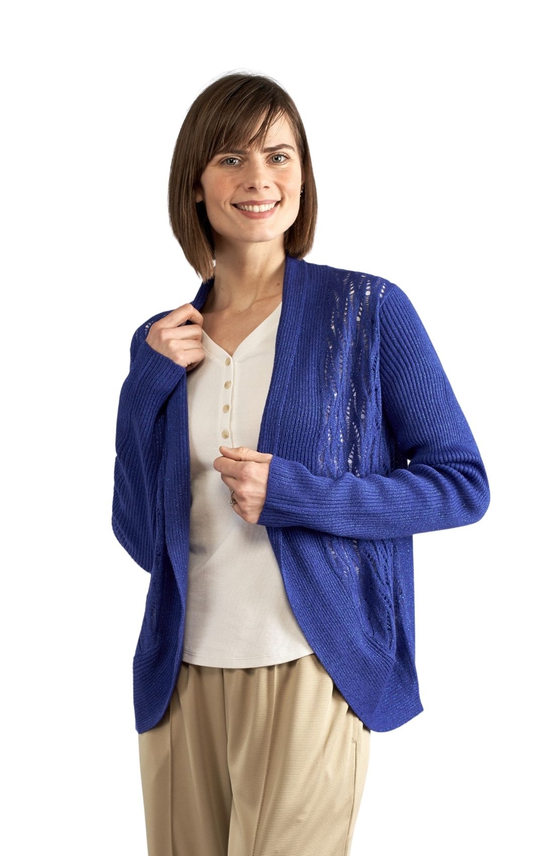 Women's Open Front Glitter Shrug in Soft Acryllic Royal Blue Side