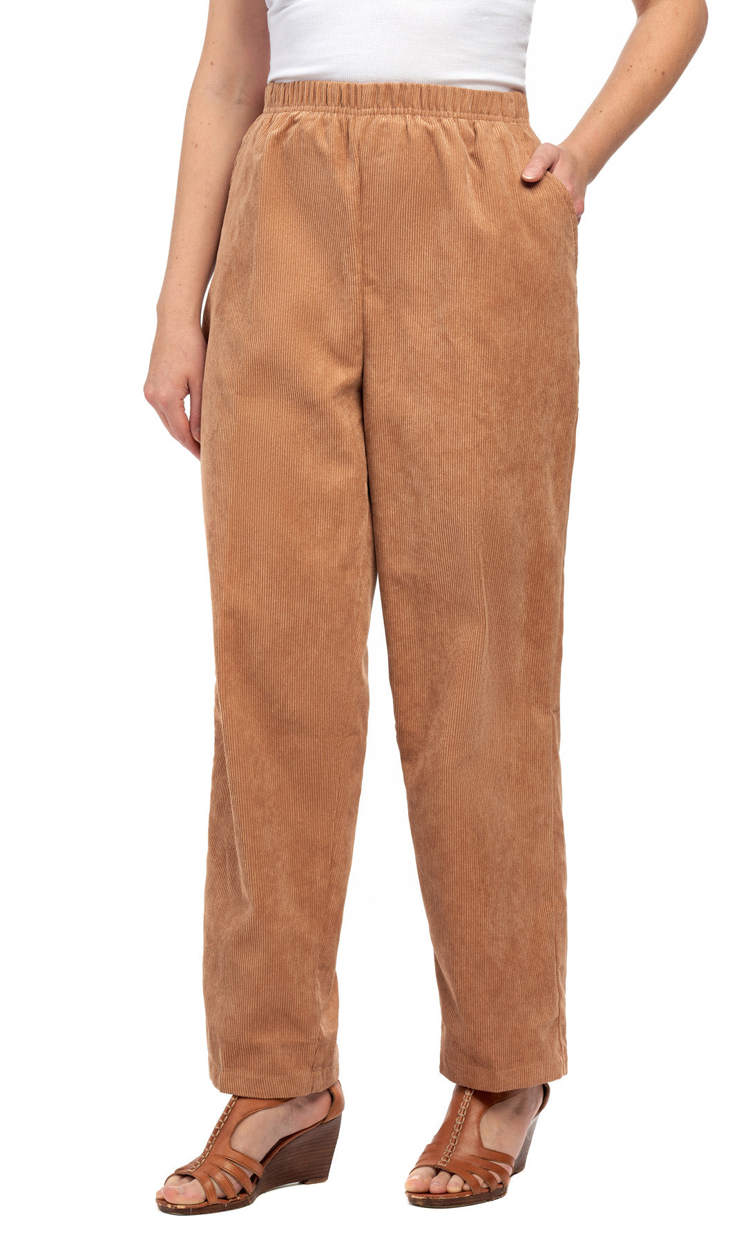 Women's Pull On Fine Wale Corduroy Pants with soft-covered Elastic