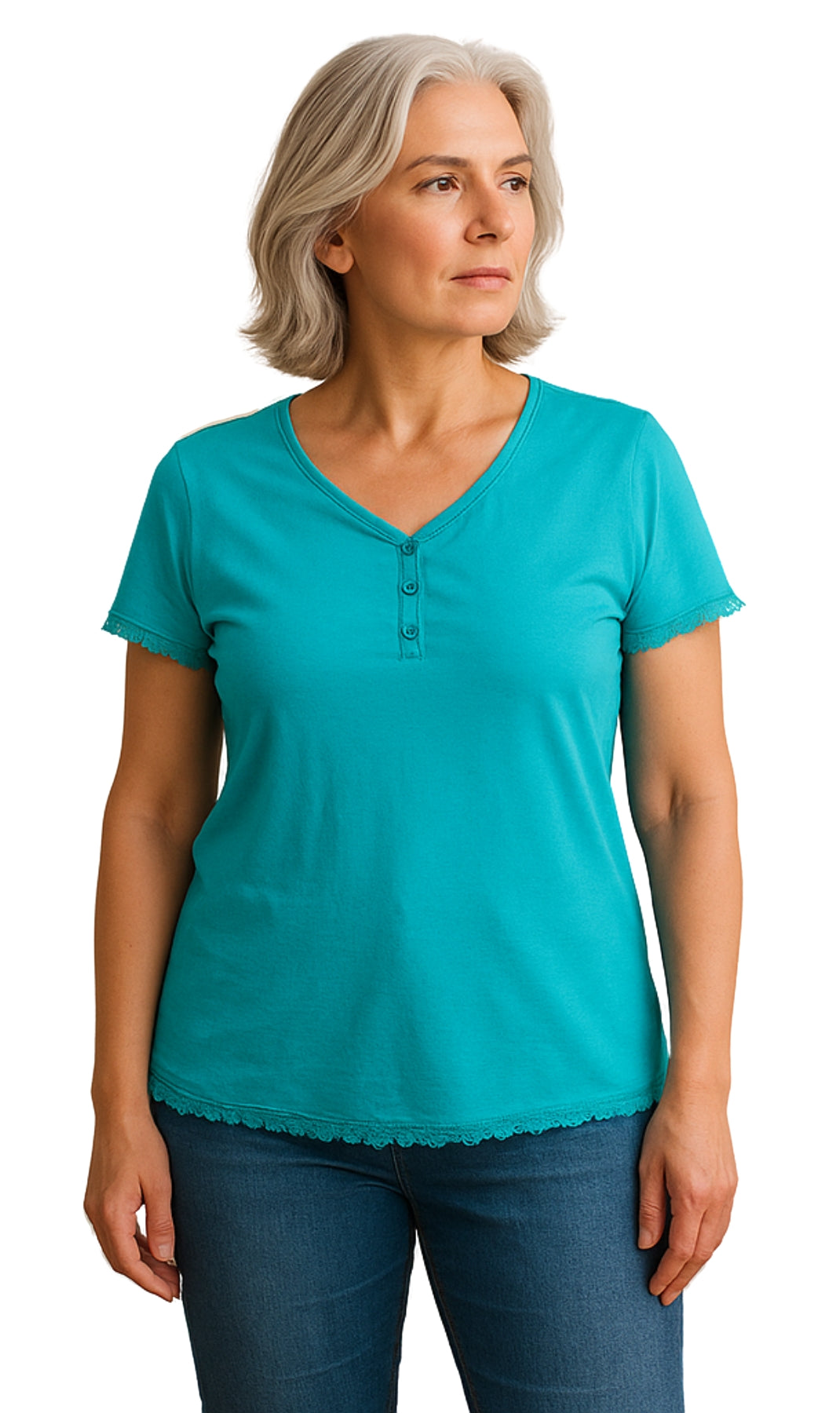Woman wearing a teal short-sleeve top with buttons on a white background