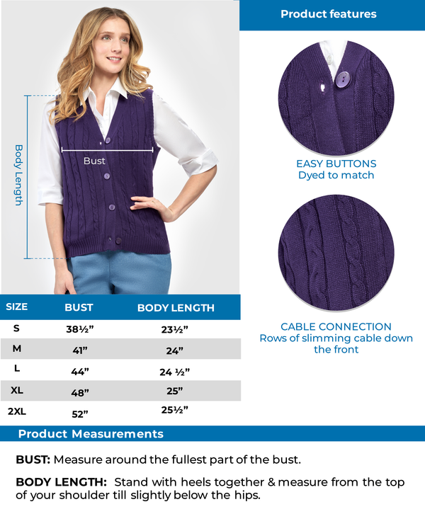 Women's Button Front Cable Cardigan Sweater Vest – Button Up Styling in a Timeless Cable Knit