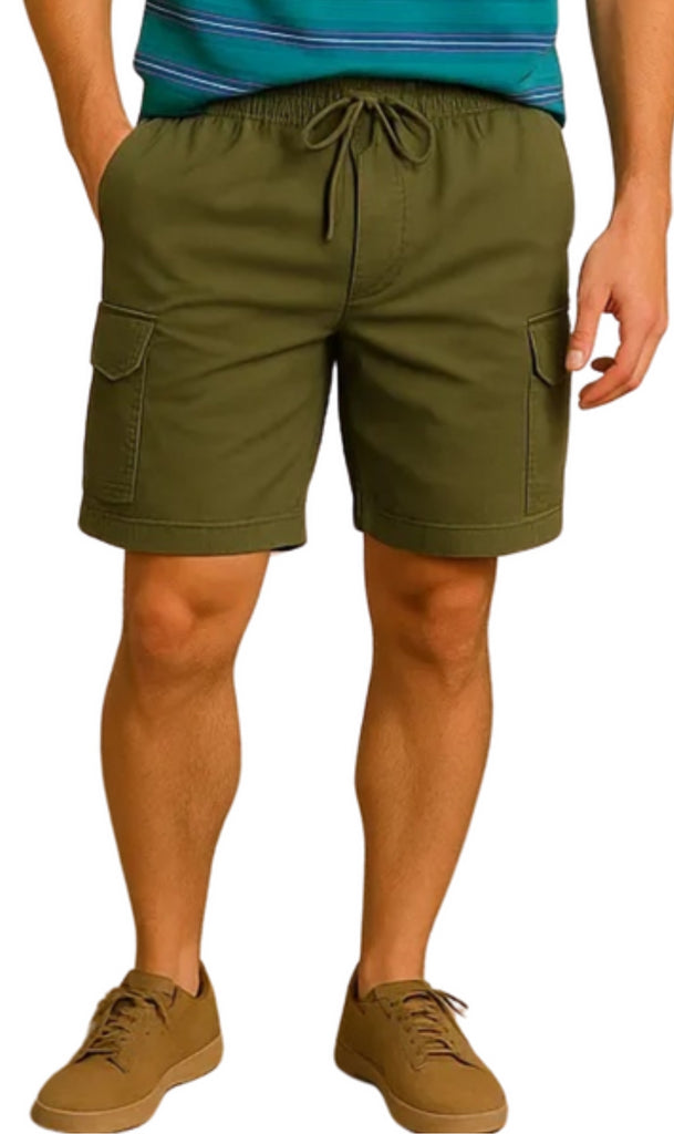 Person wearing green cargo shorts on a white background_FRONT