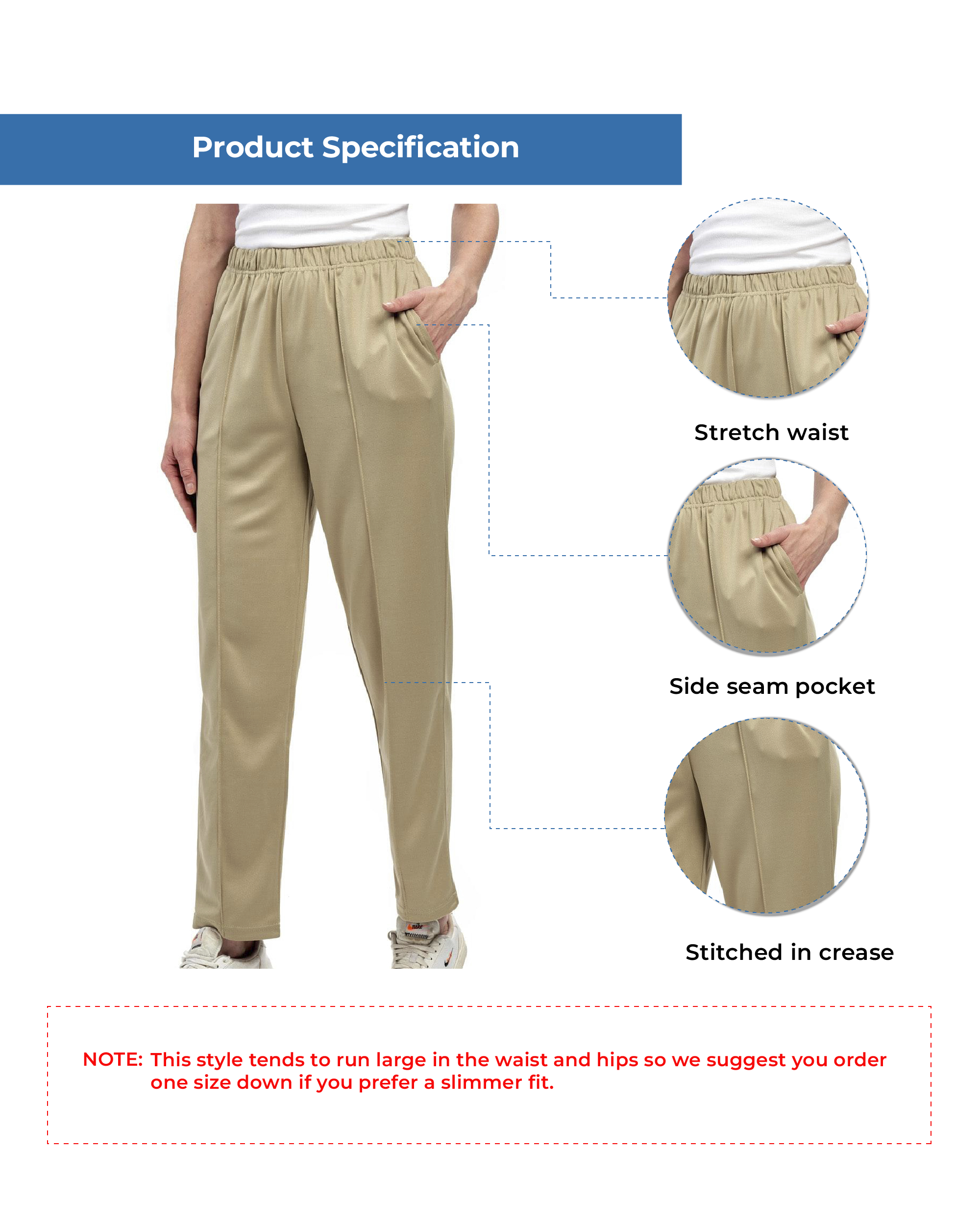 Womens Classic Poly Knit Pants - Pull On Slacks with Elastic Waist 15